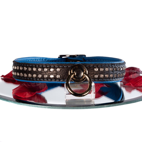 SiaLinda: Halsband echtes Elch Leder mit Strass blau schwarz, gr. O-Ring, 20mm breit - SiaLinda.com